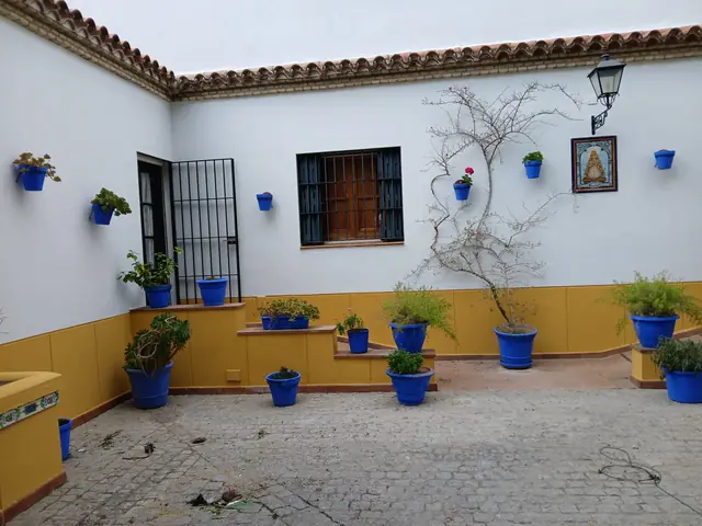 Patio andaluz encalado con zócalo en albero